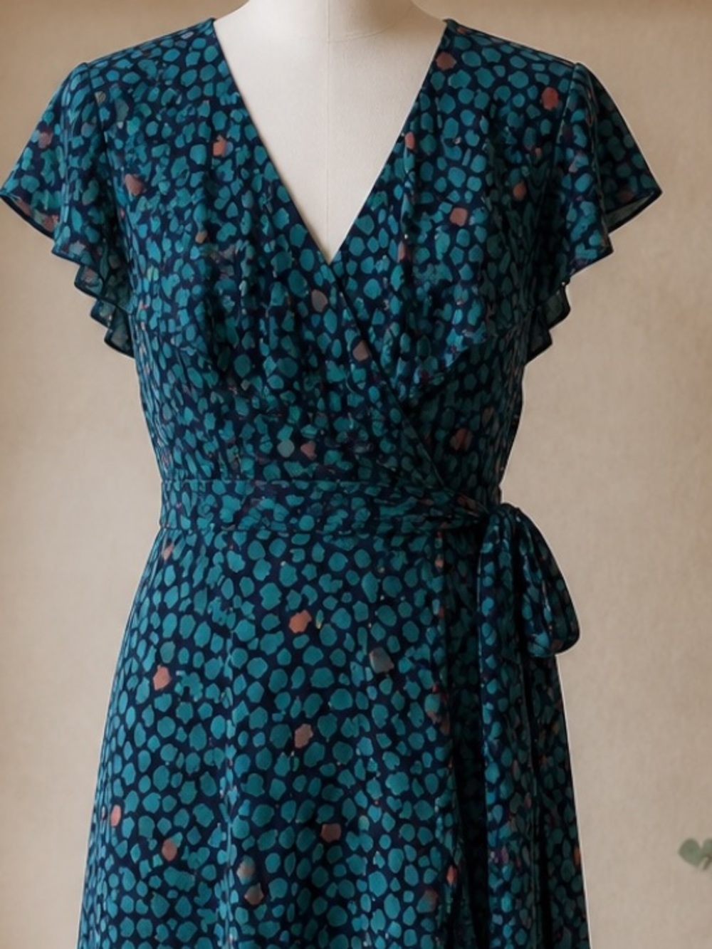 Anthropologie HD IN Paris Faux Wrap Ruffle Polka Dot High-Low Dress Teal Coral - Picture 3 of 5